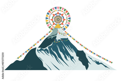 Vibrant prayer flags adorn majestic snow-capped mountain peak