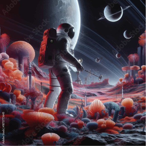 Astronaut exploring alien planet with strange flora.