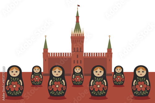 Vibrant Russian matryoshka dolls in traditional dress standing before Kremlin
