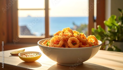 Golden fried rings in a bowl with sauce; coastal window view