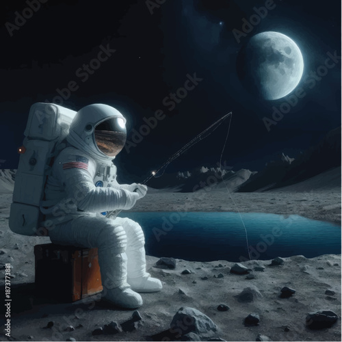 Astronaut Fishing on the Moon with Earth in the Distance.