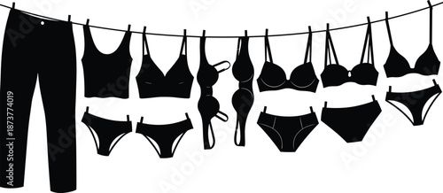 Black silhouette vector illustration of female underwear, bras, panties, and trousers hanging on a clothesline with clothespins, isolated on a white background