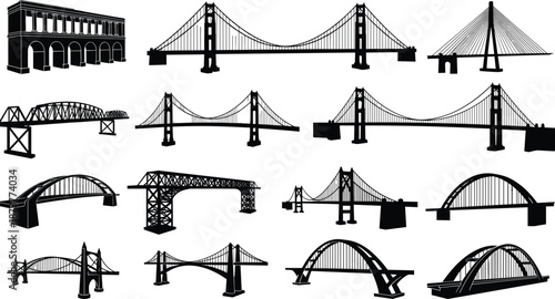 Bridges silhouette collection, famous suspension and arch bridge icons set, industrial architecture construction symbols, urban structure engineering elements, 