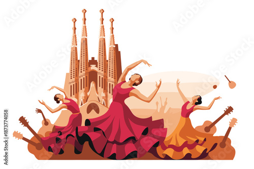 Vibrant flamenco dancers perform in front of Barcelona's Sagrada Familia
