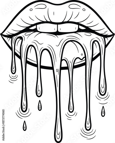 Dripping lips line art vector illustration, melting liquid flowing from mouth, artistic black and white sexy female lips sketch isolated on white background