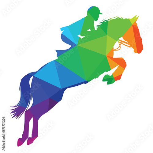 Colorful Low Poly Horse Rider Jumping