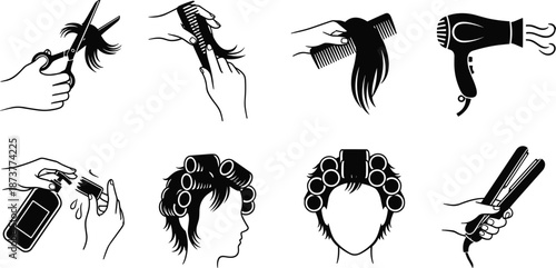 Set of professional hair salon service icons, black and white vector illustration of hairstyling tools, haircutting scissors, blow dryer, and hair coloring equipment,