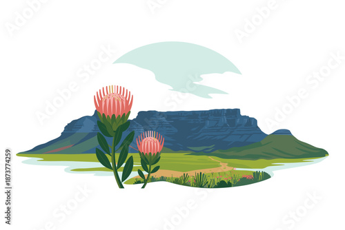 Vibrant South African landscape with stunning mountain range and beautiful protea flowers