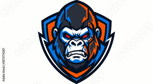 Fierce gorilla head logo with blue, orange, and red colors