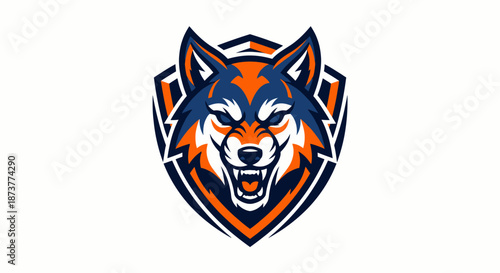Fierce wolf logo with shield emblem in orange and blue