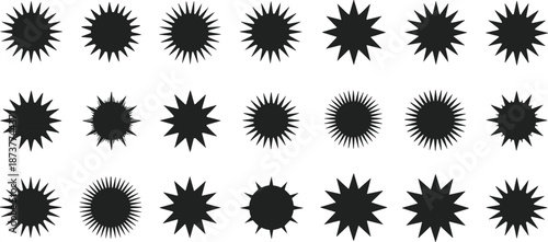 Collection of grey starburst and sunburst geometric shapes, set of various jagged circular stickers, isolated design elements for badges and labels.