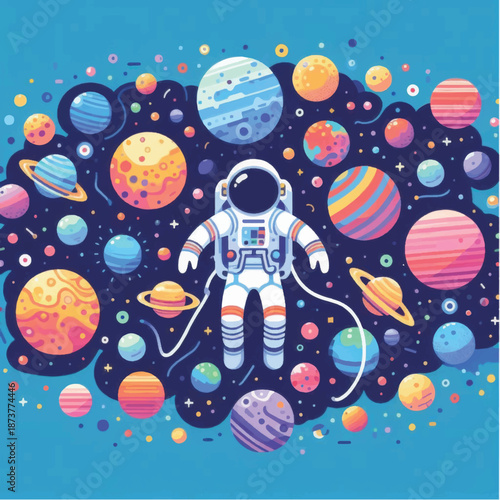 Astronaut floating in a colorful cosmic nebula surrounded by planets.