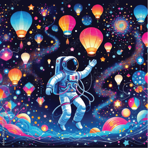 Astronaut floating among colorful lanterns in space.