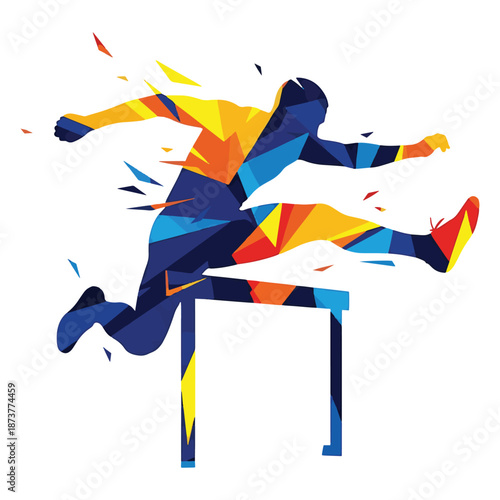 Athletic runner jumping over hurdles