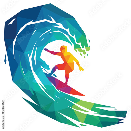 Geometric Surfer Riding Vibrant Wave Art