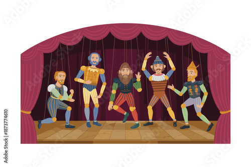 Vibrant marionettes performing on a colorful stage with red curtains