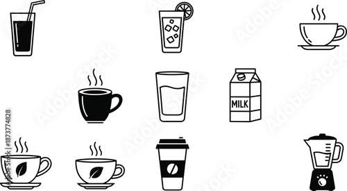 Beverage Icon Set Featuring Milk Carton Coffee Cup Tea Mug Juice Glass Blender and Soda Drinks in Minimalist Outline Style