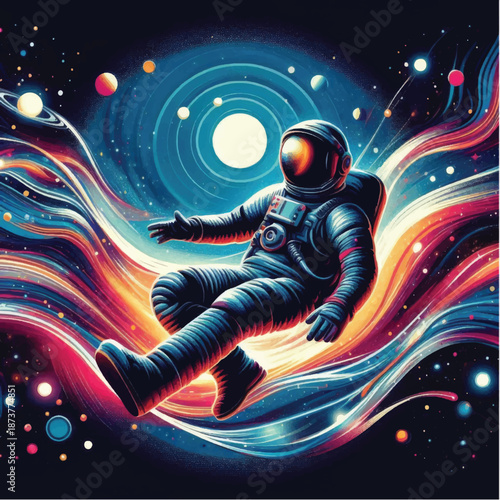 Astronaut Floating in Cosmic Nebula with Stars.