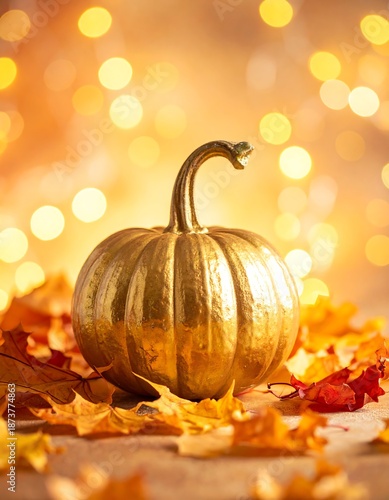 Golden pumpkin on autumn leaves with warm, blurred background lights