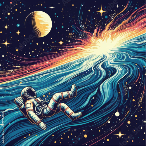 Astronaut floating in colorful cosmic nebula.