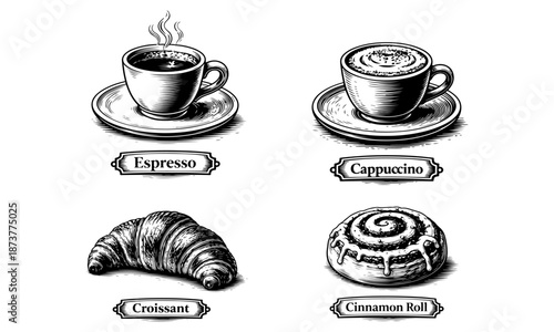 Detailed Vintage Engraving Set of Cafe Drinks and Bakery Pastries