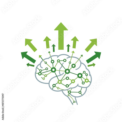 Brain with green network connections and arrows indicating growth and innovation