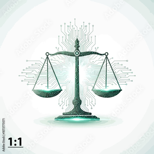 Futuristic scales of justice with circuit board design