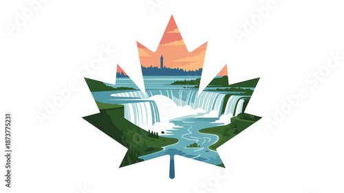 Vibrant Canadian landscape with Niagara Falls and city skyline in stunning maple leaf design