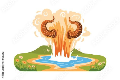 Vibrant ram horns erupting from earth with water and flowers