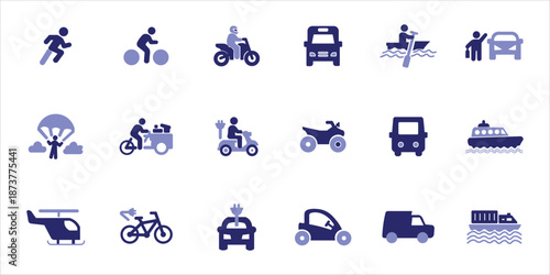 transportation icons set. helicopter, truck, bus, buggy, electric car, parachute and more. simple colored vector