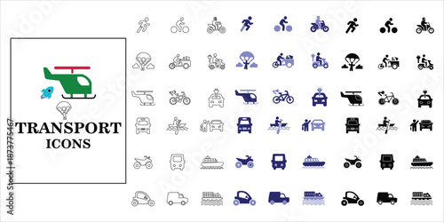 transportation icons set. helicopter, truck, bus, buggy, electric bike, cycling, parachute and more. simple complete vector