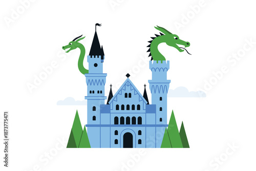 Whimsical blue castle with green dragons on towers