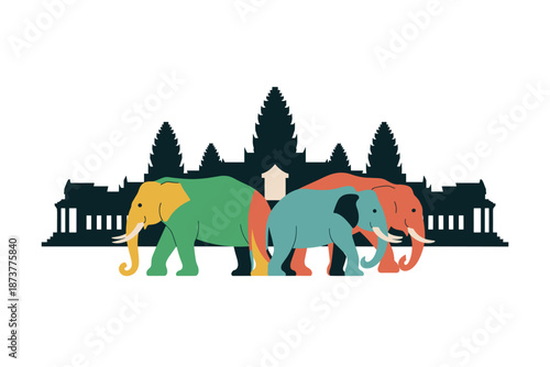 Colorful elephants walking in front of city skyline with trees