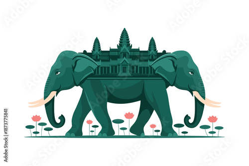 Majestic green elephants with Angkor Wat temple on their back
