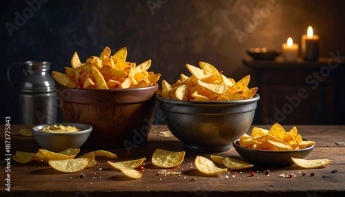 Rustic food photograph showing bowls overflowing with fried potato wedges, alongside dipping sauce and scattered chips. Two candles in the background