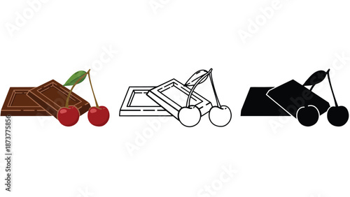 An illustration of chocolate and cherry icons in different colors and styles