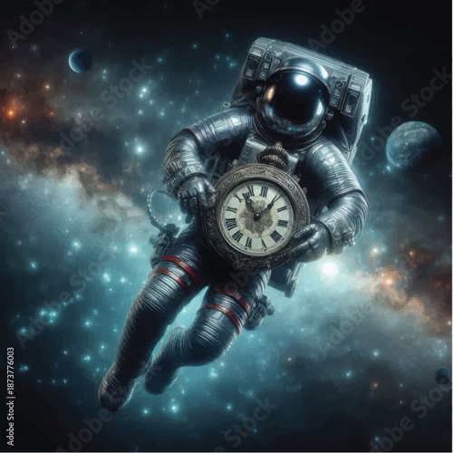 Astronaut holding an antique clock in deep space.