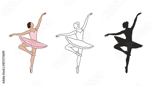 Three ballerinas in different colors and styles on white background