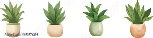 Watercolor illustration set of a lush green plant in a textured ceramic pot. Suitable for botanical prints, interior decoration, sustainable branding, and modern lifestyle visuals
