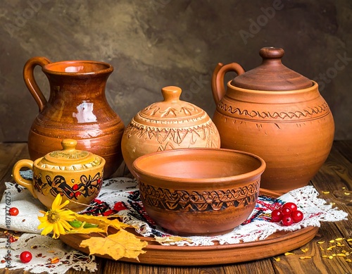 Rustic pottery arranged on a wooden table, adorned with autumn leaves and berries, against a moody backdrop