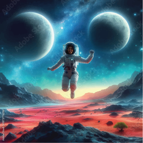 Astronaut floating joyfully in outer space exploration.