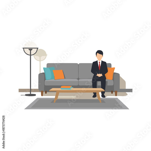 A man in a business suit sits formally on a modern gray sofa in a minimalist living room setting.