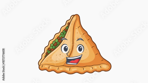 Happy Samosa Cartoon – Cute Snack Character with Expressive Face and Vegetable Filling Illustration