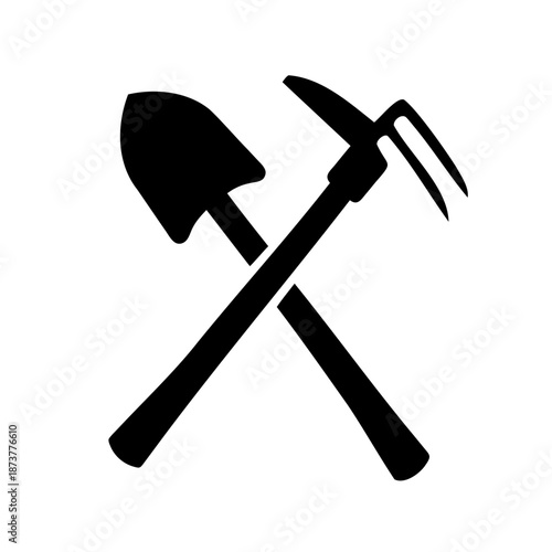 Crossed shovel and pickaxe represent mining, gardening, or construction tools