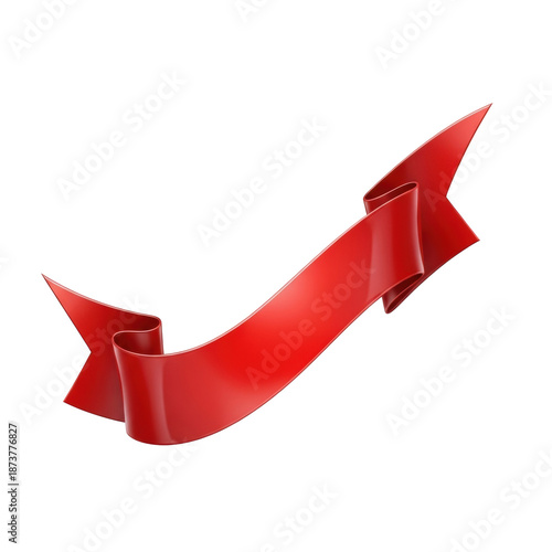 Vibrant red ribbon banner with a high-gloss finish, elegantly curved upward, featuring pointed v-shaped ends, professionally isolated on a transparent background, concept of celebration and design