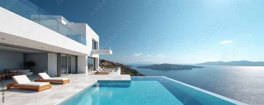 Fototapeta premium Modern white villa with infinity pool overlooks blue sea and islands. Outdoor terrace with sun loungers offers ocean views. This luxurious residence is perfect for a dream vacation.