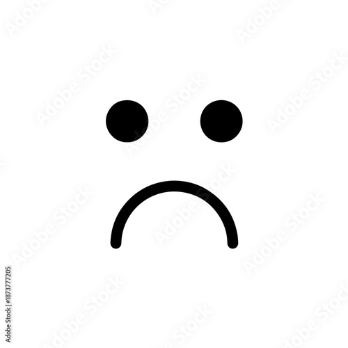 black and white icon consisting of pure geometric shapes: two solid circles for eyes and a perfect circular arc for a frowning mouth. represent raw dissatisfaction and gloom through clean