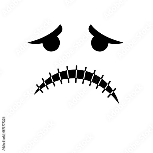 black and white icon of a frowning face with a mouth crossed by small vertical lines resembling stitches. illustration symbolizes silenced grief, suppressed feelings, and deep emotional trauma