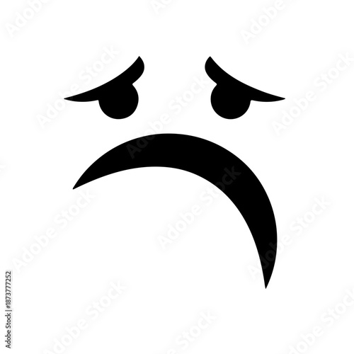 black and white sad face icon featuring a down-turned mouth and distressed slanted eyebrows forming an inverted V-shape. illustration captures a deep sense of sorrow and emotional pain