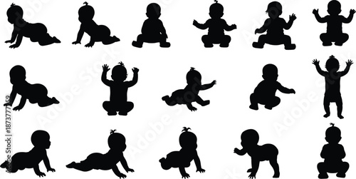 Silhouettes of babies crawling, sitting, and raising hands, illustrating early child development, infant movement, growth stages, and playful baby behavior in simple black silhouette style